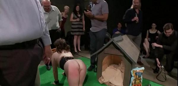  Brunette playing dog at public disgrace